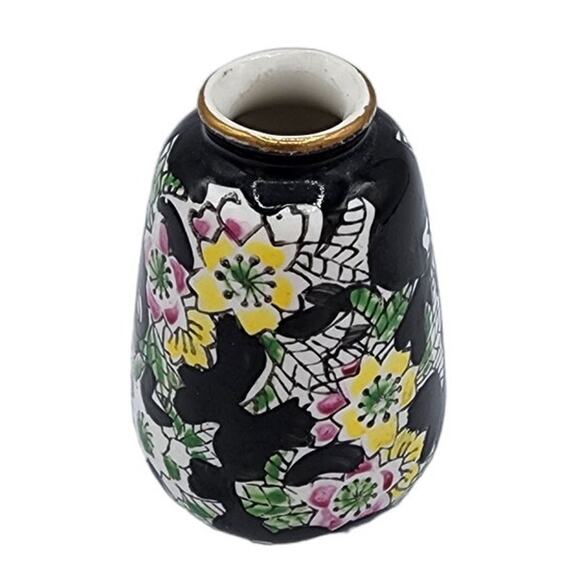 Vintage 1960's Japanese Enesco Mini Black Hand Painted Floral Gold Trim Bud Vase - Picture 1 of 6